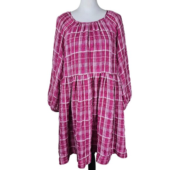 Madewell Pink Plaid Shirred Babydoll Dress L Blouson Relaxed Pockets Flowy - Picture 1 of 10
